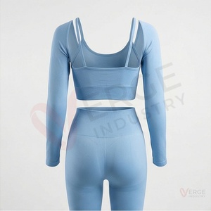 <b>Women</b> Light <b>Blue</b> Seamless Long Sleeve Crop Top High Waist <b>Leggings</b> Yoga 2 Piece Set - Product Image 2