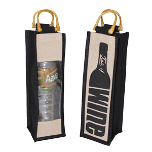 Sac à vin en jute et coton imperméable avec poignée en canne, fenêtre frontale en PP laminé, sac à vin pour une bouteille en Juco - Product Image 1