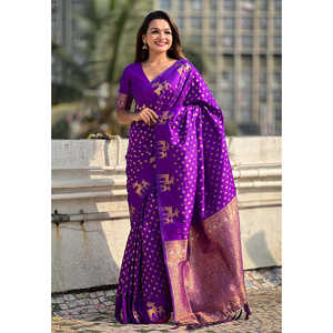 Elite Weaves Purple Soft Silk Dual Zari Woven Saree with Deer Border Elegant <b>Club</b> <b>Dresses</b> - Product Image 4