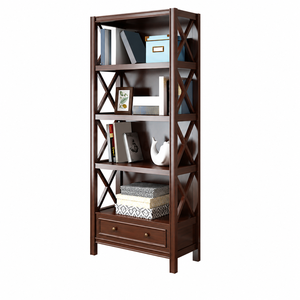 Mission Style Teak <b>Wood</b> Bookshelf with X Shaped Side Brace Panel - Product Image 1