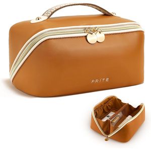 Bolsa de Cosméticos de Viaje Grande de Cuero Vegano para Mujer, Impermeable, Abierta y Plana, con Separador Transparente y Asa, Bolsa de Maquillaje B - Product Image 1