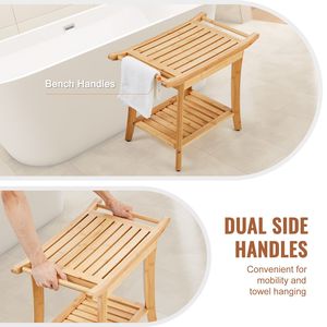 Sgabello da Doccia in Bambù Impermeabile 61 x 35 x 48 cm, Sedia da Bagno Spa con Capacità di Carico di 136 kg e Ripiano Portaoggetti, Maniglia Inclusa - Product Image 5