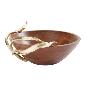 Bol de service en bois d'acacia artisanal avec accent de poignée papillon en métal, plateau rond en bois pour salade, idéal pour la restauration hôtelière - Product Image 4