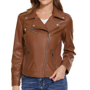 Women's Genuine Leather <b>Biker</b> <b>Jacket</b> (3 Colors) with Zip Pockets Windproof Regular Length Winter Season Finished - Product Image 2