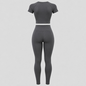 Charcoal Grey <b>Women's</b> <b>Short</b> Sleeve Quick Dry Fitness Co-Ord Set Crew Neck Cropped Tee High Waist <b>Leggings</b> Training Wear Private - Product Image 3