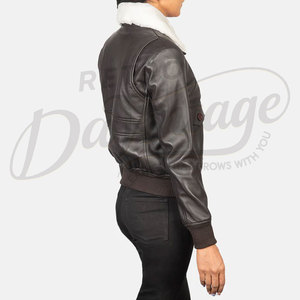 Chaqueta Bomber de Cuero Genuino Marrón Oscuro para Mujer, con Cuello de Piel Sintética Blanca, Corte Ajustado, Piel de Oveja Premium, Abrigo de Invierno Estilo Piloto - Product Image 2