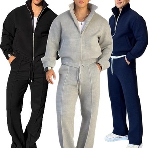 Custom Mens Waffle Knit Full <b>Zip</b> Eco-Friendly Breathable Winter Tracksuit Wholesale 2 Piece Textured <b>Hooded</b> Sweatsuit Set - Product Image 4