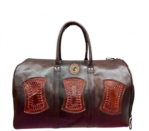 Genuine Leather Canvas Duffle Bag Travel Weekender Overnight <b>Luggage</b> Gym Sports Carry On Handwoven Fabric Zipper Duffel - Product Image 1