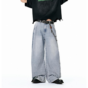 Jean en denim délavé foncé coupe large pour homme, style streetwear décontracté avec chaîne décorative, taille mi-haute, en coton, idéal pour l'automne - Product Image 2