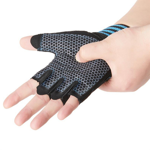 Gants de sport demi-doigts unisexes pour musculation, respirants, en cuir PU et maille, avec support de poignet et sangle réglable, bande bleue - Product Image 2