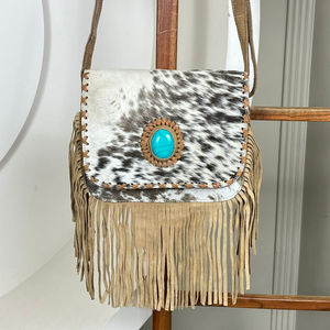 New Western Style Hair on Hide Fur Suede Leather Fringe <b>Bag</b> High Quality <b>Boho</b> Women Leather Shoulder <b>Bag</b> With Turquoise Stone - Product Image 4
