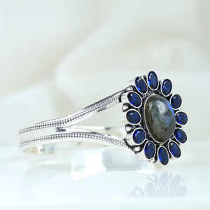 925 Sterling <b>Silver</b> Plated Blue Labradorite Sapphire Sunburst <b>Cuff</b> <b>Bracelet</b> Handcrafted Natural Gemstone Flower Bangle Jewelry - Product Image 3