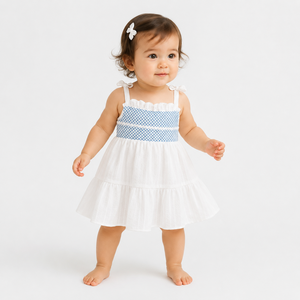 ชุดเดรสเด็กผู้หญิงผูกไหล่แบบสม็อค |   ชุดเดรสผ้าฝ้ายแขนกุด - Product Image 4