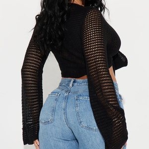 New Arrival <b>Crocheted</b> Top Women's <b>Black</b> Knitted Crop Top Long Sleeve V-Neck Bow Front Hollow Sexy Club Wear Summer Top - Product Image 2