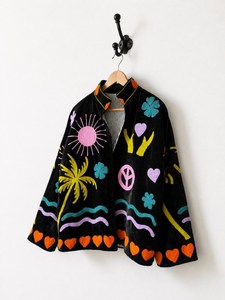 Chaqueta de terciopelo negro bohemio para mujer, estilo retro festivo, con explosión de color, bordada a mano, con diseño artístico de Árbol de la Paz y el Sol, tipo abrigo llamativo - Product Image 2
