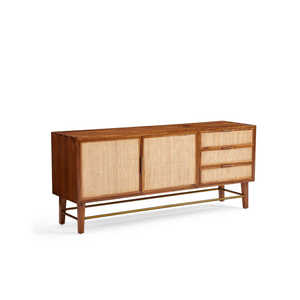 Midcentury Modern Solid Teak <b>Wood</b> <b>Living</b> <b>Room</b> <b>Cabinet</b> with Rattan Panels and Storage Compartments Modern House Villa - Product Image 2
