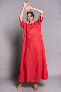 Robe longue en lin rouge pour femme, dos profondement encolonné, manches courtes, coupe ample, tenue décontractée bohème pour l'été et les vacances - Product Image 3