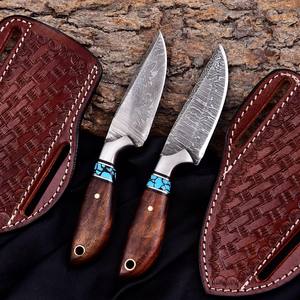 Lote de 5 cuchillos nórdicos Skinner de acero de Damasco, hoja fija, mango de madera, espiga completa, para camping y caza, con funda de cuero OEM - Product Image 4