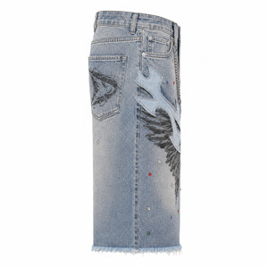 Flame wing rhinestone <b>ice</b> blue denim jorts men Namja baggy Y2K streetwear shorts applique chain <b>ring</b> frayed hem low MOQ - Product Image 4