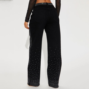 Nuevos Jeans de Mujer de Cintura Alta con Pedrería, Lavado a la Piedra, Pierna Ancha, Adornados con Cristales, Precio Económico, Venta al por Mayor - Product Image 2