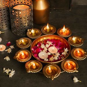 Elegant Brass Diya Set with Ornamental Back Plate, Multi Wick Oil <b>Lamp</b> Stand for Spiritual Puja, Temple and Festive Decoration - Product Image 6