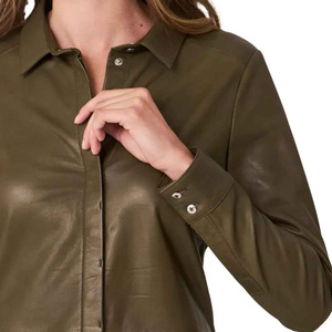 Drop <b>Shoulder</b> Chest Pocket Genuine Leather Shirts Ladies Collar Button Oversize Vintage <b>Long</b> Women's Letterman Shirt - Product Image 4