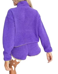 Chaqueta de forro polar para mujer, pantalones cortos de cuello alto con cremallera parcial con solapa y bolsillo contrastante - Product Image 6