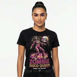 Camiseta Zombie Disco Queen para Mujer, Diseño Retro de los 70 con Gráficos Neón, Camiseta con Estampado Dance Til You Rot, Ropa Urbana para Mujer, Prendas de Algodón Personalizadas al por Mayor - Product Image 1