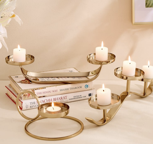 Porte-bougie moderne en métal à 5 lumières, centre de table décoratif, finition dorée, support pour bougies chauffe-plat et pilier, décoration intérieure - Product Image 1