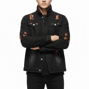 Veste en jean noire personnalisée de haute qualité avec logo, pour homme, déchirée, effet vieilli, style vintage, streetwear, motard, 100% coton - Product Image 2