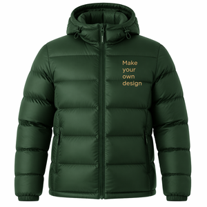 Men's Green Hooded Puffer <b>Jacket</b> With Zipper Closure Windproof Winter Coat Casual Style Polyester Filling <b>Thick</b> Warm Outerwear - Product Image 1