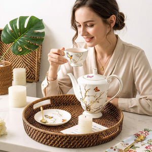 Alibaba Top Seller: Bandeja Redonda de Ratán con Diseño de Plantas Modernas, Hecha a Mano, con Asas, Organizador para Cocina y Hogar, Colección al por Mayor para Cumpleaños - Product Image 1