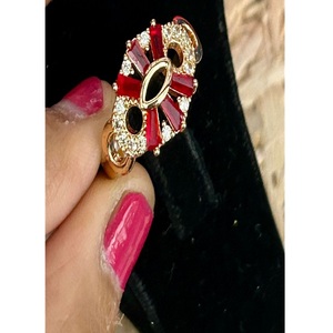 Women's Flower <b>Cocktail</b> <b>Ring</b> 18K <b>Gold</b> Plated Cubic Zirconia Red Emerald Cut Pave Setting Glam Party Jewelry - Product Image 1