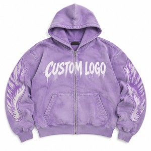 Sudadera con capucha y cremallera completa de forro polar 100% algodón, holgada, estilo streetwear, con mangas de ala unisex personalizadas con pedrería - Product Image 2