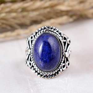 SHYAM JEWELRS Handmade Lapis Lazuli 925 Sterling Silver Wide Leaf Band <b>Statement</b> <b>Ring</b> Natural Blue Gemstone Jewelry Boho Ethnic - Product Image 1
