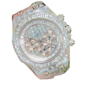 Reloj de Buceo Digital de Moda Clásica y Lujosa, Estilo Hip Hop, Correa de Acero Inoxidable, Totalmente Engastado con Diamantes Moissanite Tallados en Baguette, Esqueleto, Resistente al Agua - Product Image 5