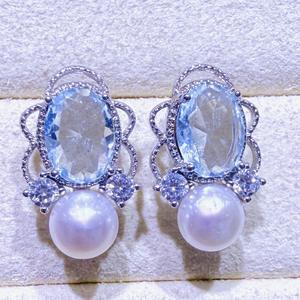 Boucles d'oreilles pendantes en zircon et perles d'eau douce bleu marine rétro français de Zhuji Source Wholesale, luxe exquis, mode bleu clair français - Product Image 2