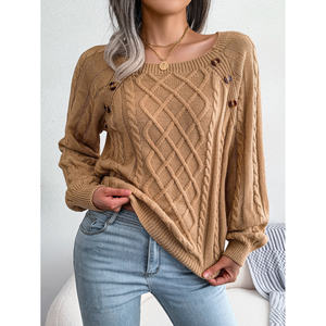 Suéteres de punto de manga larga informales 2023 para mujer Khaki M y suéteres abotonados con cuello cuadrado para Otoño Invierno - Product Image 1