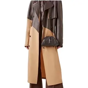 Casaco de couro feminino, vestimenta longa acima do joelho casaco de couro cáqui para inverno 2021-22
