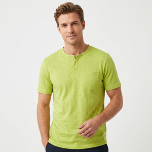 <b>Men's</b> Green Short Sleeve <b>Henley</b> T-Shirt With Pocket Regular Fit Casual Cotton <b>Top</b> - Product Image 5