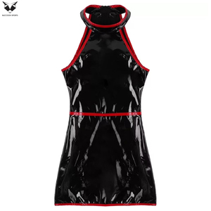 Nouvelle robe mini sans manches noire effet latex, coupe ajustée, dos nu, style clubwear pour femme, col montant, tenue exotique - Product Image 3