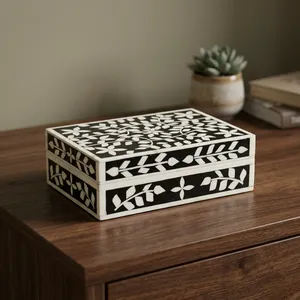 Handmade Wooden Jewelry <b>Box</b> with Floral Inlay Pattern Elegant <b>Trinket</b> Organizer Decorative Storage Case for Bedroom Home Decor - Product Image 2