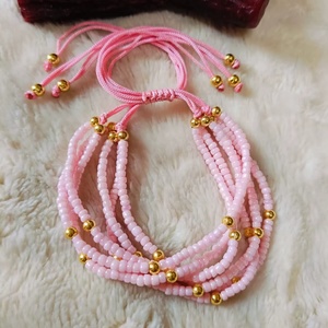 สร้อยข้อมือลูกปัดสีชมพูหลายชั้นสุดหรูหรา ประดับด้วยทองคำ งานแฮนด์เมด เครื่องประดับแฟชั่นสำหรับผู้หญิงและเด็กผู้หญิง - Product Image 1