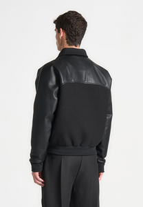 Men's Black Varsity <b>Jacket</b> Cotton Body Genuine Sheepskin Sleeves Turn-down Collar Casual Winter Wear Shearing Front - Product Image 2