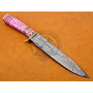 Nouvelle édition personnalisable, couteau de chasse Bowie en acier Damas de 13 pouces, manche en laiton avec pierre rose, lame fixe, couteau de camping, couteau de survie - Product Image 5