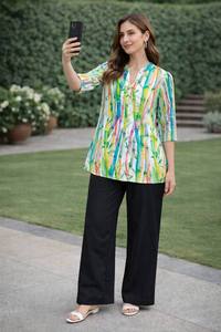 Ensemble Kurta en Rayonne Imprimée pour Femme, Motif Abstrait Multicolore, Pantalon Noir, Coupe Ample Décontractée, Style Indien et Pakistanais, Idéal pour l'Été - Product Image 2