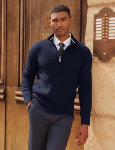 <b>Men's</b> <b>Navy</b> <b>Blue</b> Quarter Zip Knitted Long Sleeve Casual <b>Shirt</b> Stand Collar Solid Color Autumn Wear - Product Image 2