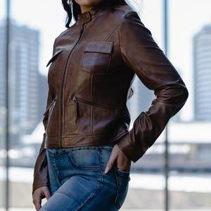 Nuevas chaquetas de mujer con cremallera marrón y logotipo personalizado RTS, chaqueta vintage para invierno, abrigos de cuero elegantes, estilo bomber, ropa urbana. - Product Image 4