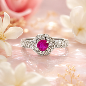 Bague de fiançailles de luxe en argent 925 plaqué rhodium avec pierre naturelle rose taille ovale, halo floral et bande pavée de zircons sertis à griffes - Product Image 2