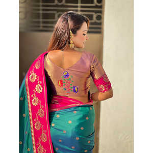 Green Soft Silk Lotus Paithani Saree <b>Indian</b> & <b>Pakistani</b> <b>Clothing</b> Elite Weaves 650g - Product Image 3